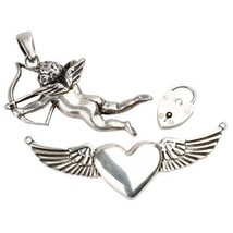 Three Sterling Silver Symbols Of Love; Heart W. Wings, Heart Lock &amp; Cupid - £99.42 GBP