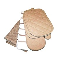 Brown Tan White Kitchen Towels Oven Mitt Potholders Cotton Solid Stripe 5-Piece - £20.93 GBP