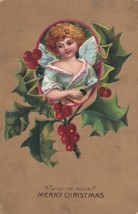 Wishing You A Merry Christmas Angel Holly Berry Postcard D51 - £2.35 GBP