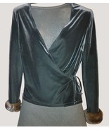 Black Velvet Blouse Jacket Top Crossover Chetta B NYC Real Mink Fur Cuff - $89.48