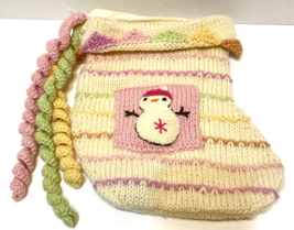 Vintage Handmade Crocheted Knitted Christmas Stocking Pastels Snowman 10&quot; - £14.78 GBP