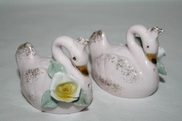 VINTAGE Japan Pink Swan Porcelain Salt &amp; Pepper Shakers  #378 - £19.77 GBP