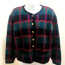 Vintage Tally Ho L Cardigan Sweater Red Green Plaid Tartan Gold Buttons Holidays - £15.31 GBP
