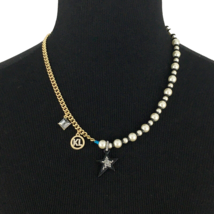 KARL LAGERFELD pearl beaded necklace - NEW gold-tone crystal star logo pendants - £23.95 GBP