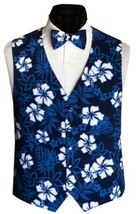 Blue Hawaiian Hibiscus Tuxedo Vest and Tie Set - £130.75 GBP