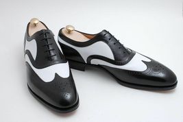Handmade Men&#39;s Genuine Black &amp; White Leather Oxford Brogue Wingtip Formal Shoes - £115.07 GBP