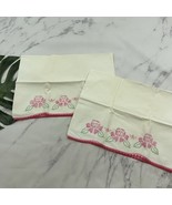 Vintage Hand Embroidered Pillow Cases Set of 2 Cream Pink Cross Stitch C... - $19.79