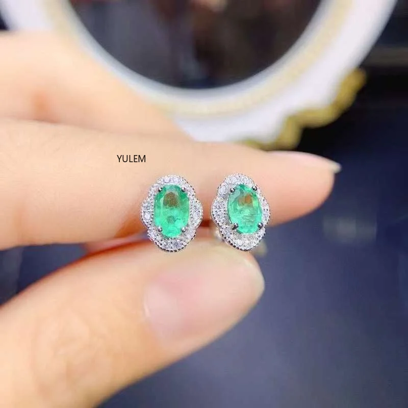 Natural Emerald 4*6Green Stone with Silver 925 Earrings for Women  Diamond Earri - £60.24 GBP