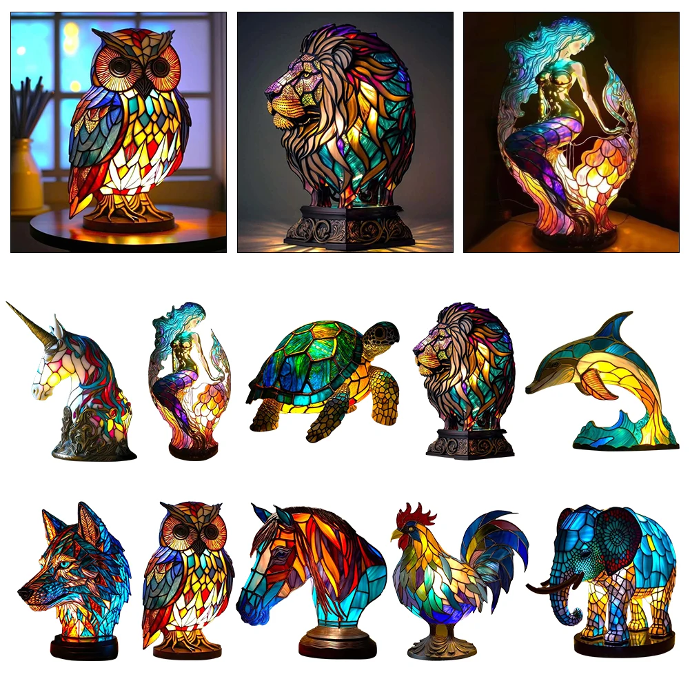 Animal Table Lamp Series Lion Dolphin Wolf Stained Glass Bedside Light Owl Horse - £8.64 GBP+