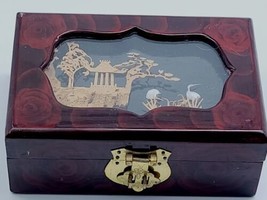 Vintage Chinese Lacquered Carved Cork Diorama Art Jewelry Box w/ Cranes - $28.31