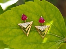 2.90Ct Trillion Cut Simulated Red Ruby Stud Earrings 14K Yellow Gold Plated 925 - £83.90 GBP