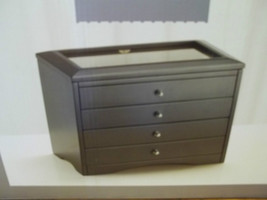 Wooden Jewelry Box ~ Black ~ 3 Drawers With Glass Top ~ NEW - £56.74 GBP