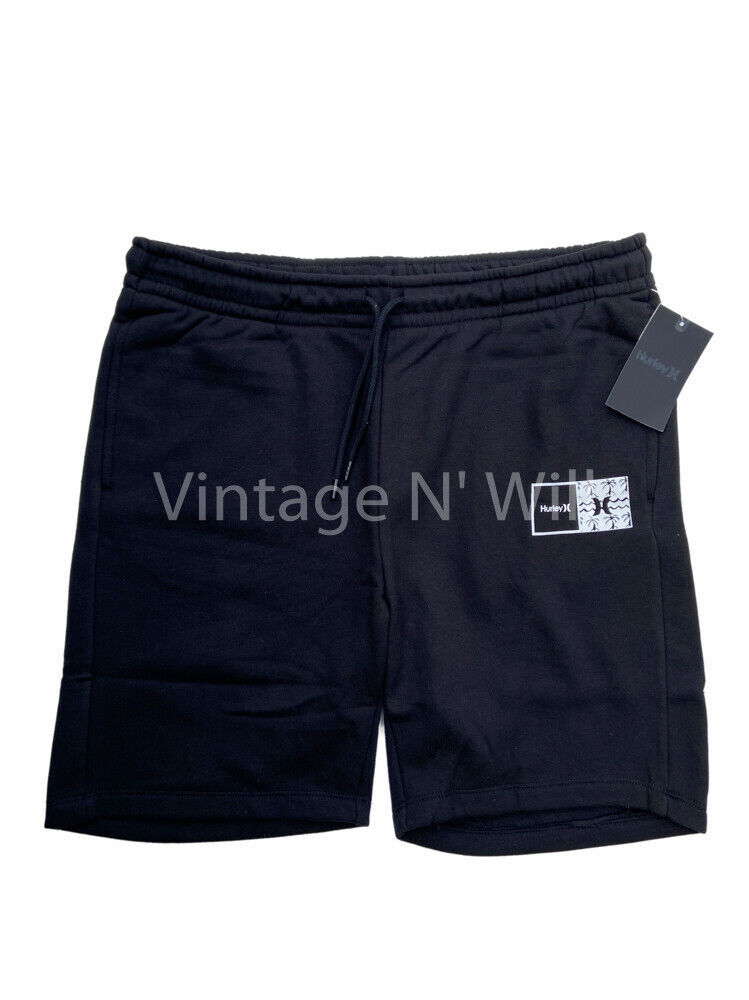 Hurley Mens Black/ White Natural Sea Palm Tree Logo Fleece Sweatpants Sh... - $22.80