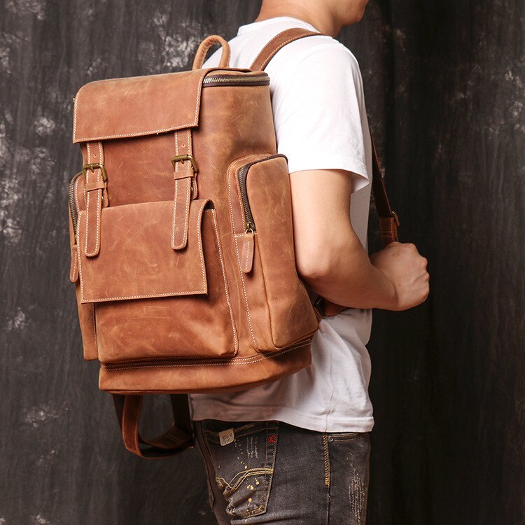 Men Real Leather Backpack Men's Large Genuine Leather School Backpack Male Busin - £183.21 GBP