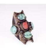 Tribal Türkis &amp; Koralle Lang Sterlingsilber Ring Größe: 10.75 - $9,713.88 MXN