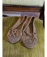 Minnetonka Brown Leather Suede Moccasins Peace Sign Studs Women’s Size 7... - $24.70