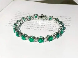 15Ct Round Cut Simulated Green Emerald Tennis Bracelet 14K White Gold Plated - £233.08 GBP