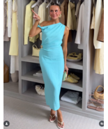 ZARA BNWT 2025. TURQUOISE BLUE ASYMMETRIC MIDI DRESS APPLIQUE VISCOSE. 8037/392 - $94.38