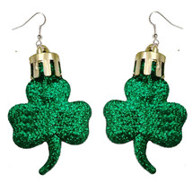 Funky Green Glitter Shamock Clover Earrings Irish Lucky Charm Novelty Jewelry - £5.49 GBP