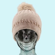 Adrienne Landau Hat Beanie Blush Wool Blend Embellished Faux Fur Outdoor  - £46.10 GBP