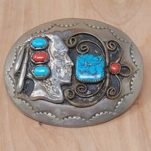 Vintage Native American Coral Turquoise Belt Buckle - £137.36 GBP