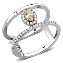 Oval Cut Champagne Halo CZ Double Layered Band Stainless Steel Promise Ring - £46.23 GBP