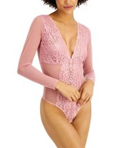 allbrand365 designer Womens Basic Long Sleeve Lace Mesh Bodysuit,Foxglove,Small - £27.49 GBP