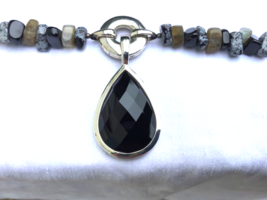 Sterling Onyx Jasper Pendant on Bead Chain Detachable Pendant Adjustable Chain. - $74.57