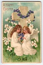 Easter Postcard Angel Girls Holy Cross Flowers Religious BW Germany Antique 1909 - £10.03 GBP