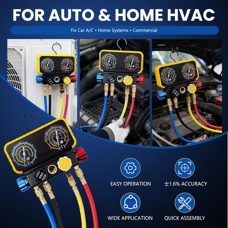 Automotive AC Gauges Set with Hoses,4 Way HVAC Manifold Gauge Set Compatible wit Item image 7