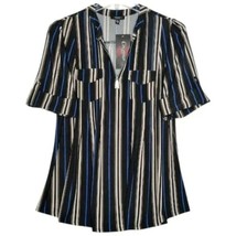 NWT Cocomo Plus Size 2X Black Blue Beige Striped Print Pintuck Short Sleeve Top - £27.07 GBP