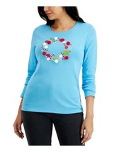 MSRP $37 Karen Scott Light Glitter Pom Wreath Holiday Top Blue Size Medium - £5.86 GBP