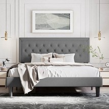 Full Size Dark Grey Linen Upholstered Platform Bed with Button-Tufted Headboard - $7,332.57 MXN