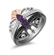 Black &amp; White Diamond and Pear Amethyst Ariel and Ursula Villains Duo Stack Ring - £40.21 GBP