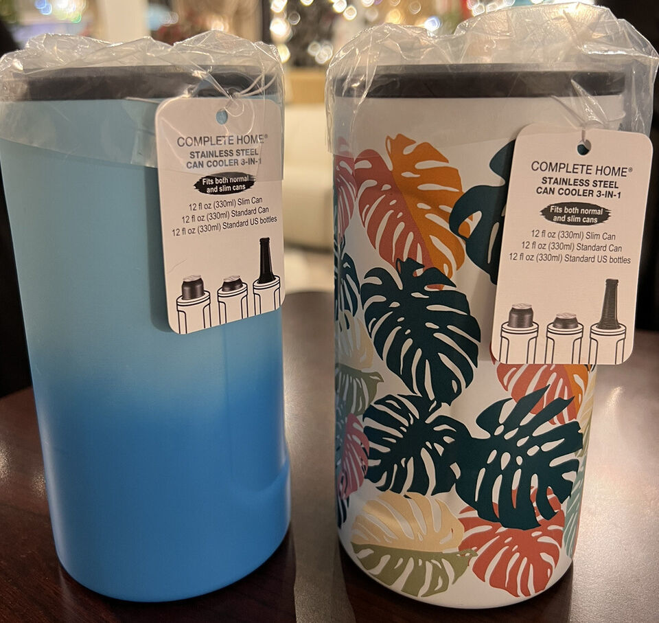 Complete Home Blue & FLORAL  Stainless Steel Can Cooler 3 in 1 New with Tags - $19.99