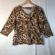 Additions Chico&#39;s Size 2 Brown White Animal Print Knit Tee Shirt Cotton Blend - £19.35 GBP