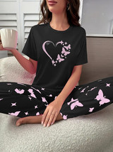 Woman&#39;s Black with Heart &amp; Butterfly Print Top &amp;  Pants Pajama Set - US ... - £9.85 GBP