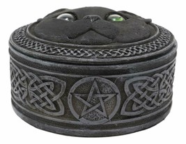 Celtic Pentagram Knotwork Black Cat With Rolling Green Eyes Round Decorative Box - £21.89 GBP