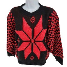 Vintage 80s GFC LTD Women&#39;s Sweater Black Red Metallic Knit Christmas Ho... - £15.76 GBP