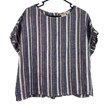 C&amp;C California Stripe Linen Top Womens M Wood Button Back Boxy Fit Short Sleeves - £12.94 GBP