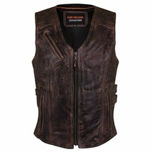 Ladies Premium Leather Motorcycle Vest Vintage Brown Concealed Carry Biker Vest - £87.92 GBP+