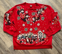 VTG Christmas On Main Street Glitter Village Cats Granny Sweatshirt USA Medium - £17.95 GBP