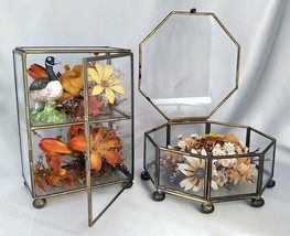 Lot (2) Vintage Octagon/Rectangle Glass Boxes w/ Dried Fall Floral Arrangements - £23.49 GBP