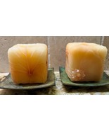 Pair Pure Beeswax Square &amp; Pillar Candles 3” Sq &amp; 9 1/2” t Pillar Flower... - $236.66 MXN