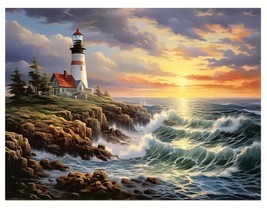 Lighthouse Overlooking An Ocean Sunset Canvas Print Framed 12&quot; x 16&quot; - $13.98