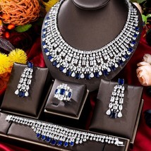 18k White Gold Filled CZ Choker Necklace Bracelet Ring Blue Sapphire Jewelry Set - £265.72 GBP