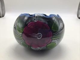 Gourd Bowl Hand Painted Floral Folk Art Black Purple Green White 4. 5&quot; V... - $22.53