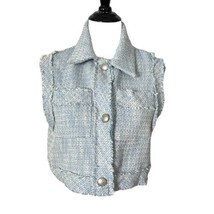 ZARA Cropped Tweed Vest Jacket Blue Sleeveless Pockets Button Up Women S... - $20.79