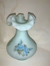 Vintage Fenton Art Glass Hand Painted Roses on Blue Satin Ruffled Edge Vase - £51.14 GBP