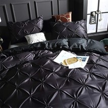 Pinch Pleated Duvet Cover Set Silk Like Satin Pintuck Bedding With Case Coverlet - £47.85 GBP